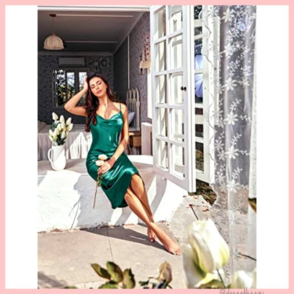 Satin Nightgown Spaghetti Strap Cowl Neck Slip Dress Sleepwear Lingerie - Picture 4 of 7